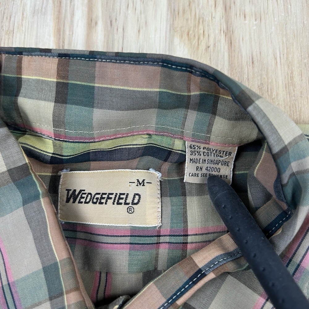 True‎ Vintage Disco Button Shirt M Plaid Wedgefield 70s USA Dagger Short Sleeve - Picture 2 of 8
